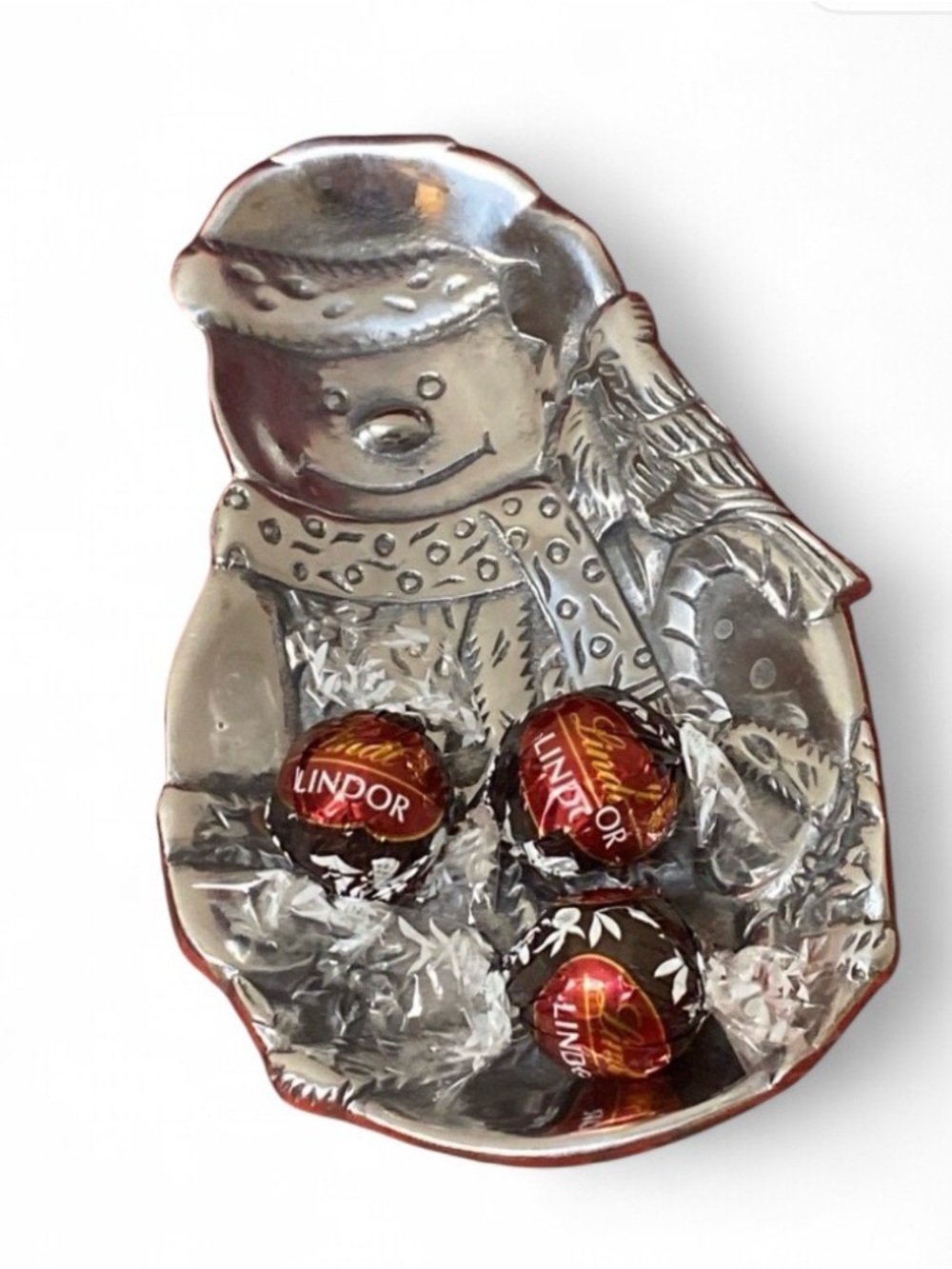 Vintage Santa Snowman Silver Metal Candy Nut Dish Antiqued Christmas Candy Dish